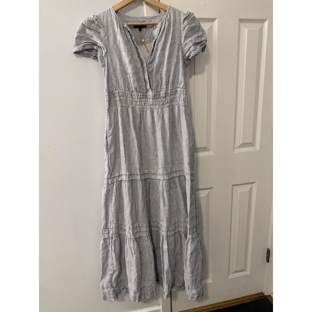 Quince 100% European Linen Tiered Maxi Dress Chambray Stripe Sz S Flax Pocket